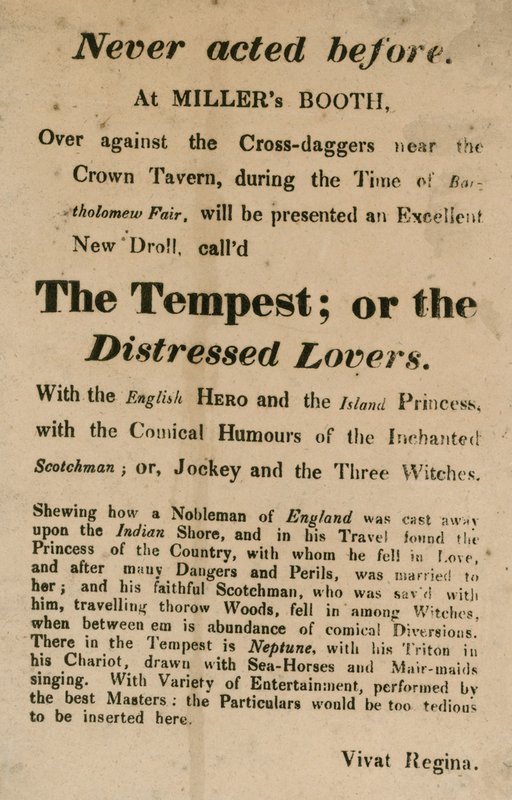 Mainos The Tempest; tai The Distressed Lovers, esiintynyt Millers Boothissa, Cross Daggersissa, lähellä Crown Tavernia tekijältä English School