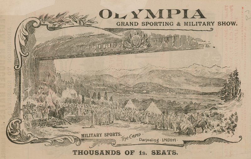 Mainos suuresta urheilu- ja sotilasnäyttelystä Olympiassa, Lontoossa tekijältä English School