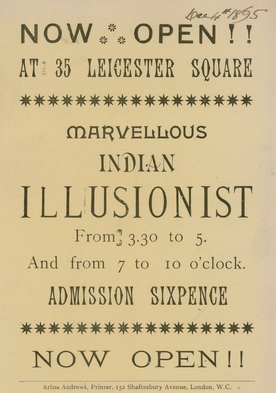 Mainos intialaisesta illusionistista, joka esiintyy osoitteessa 35 Leicester Square, Lontoo tekijältä English School