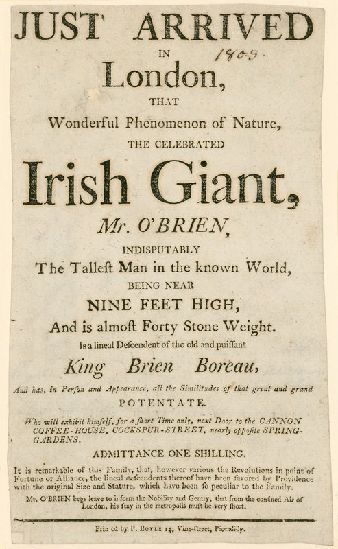 Mainos Charles Byrnen, alias OBrienin Irlannin jättiläisen, esiintymisestä, tunnetun maailman pisimmän miehen tekijältä English School