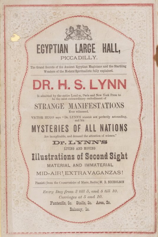 Mainos tohtori H S Lynnin esiintymisestä Egyptian Hallissa tekijältä English School
