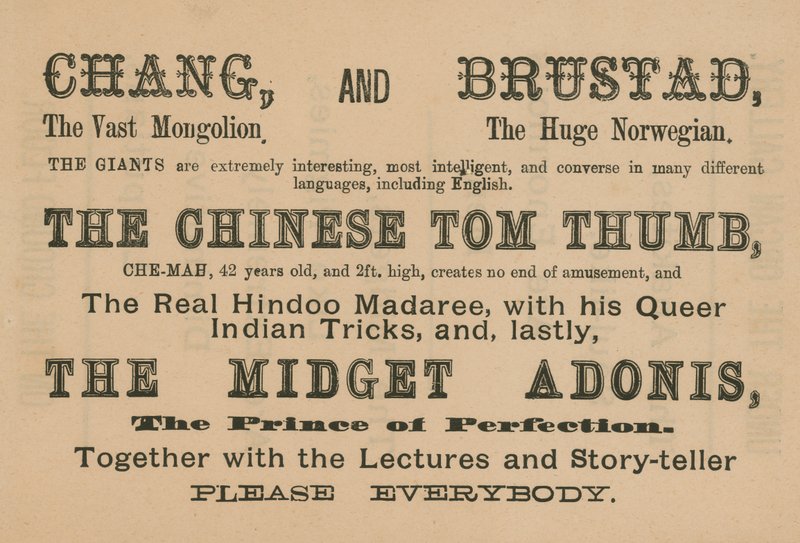 Mainos Changin, Brustadin, The Chinese Tom Thumbin ja The Midget Adonisin esiintymisistä tekijältä English School