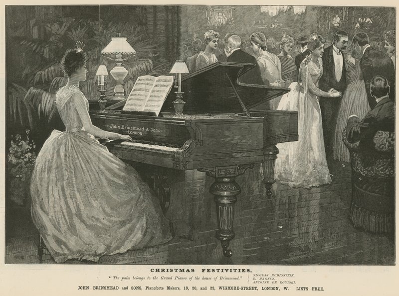 Mainos pianonvalmistaja John Brinsmead and Sonsista, Wigmore Street, Lontoo tekijältä English School