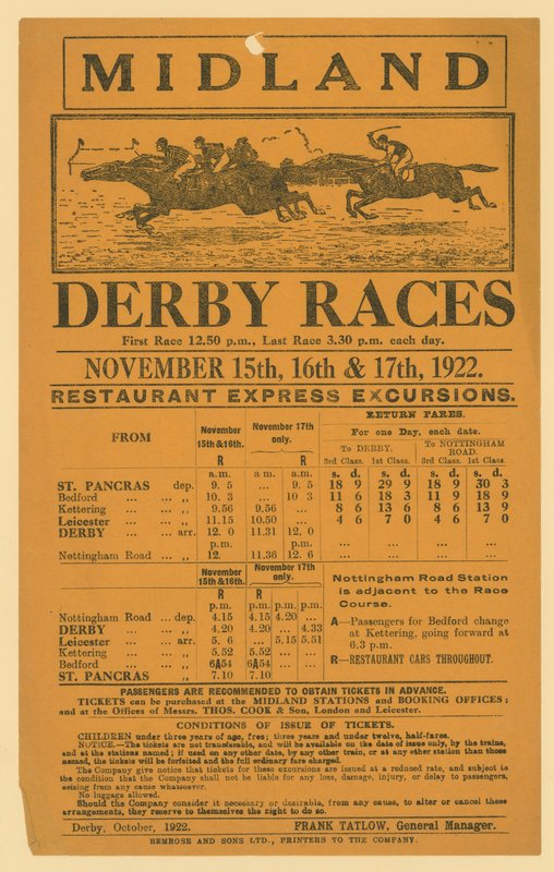 Mainos rautatiematkasta Midland Derby Racesiin, 15.-17.11.1922 tekijältä English School