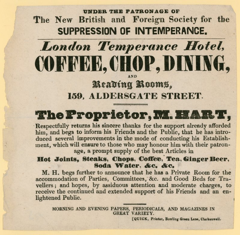 London Temperance -hotellin mainos, New British and Foreign Society for the Suppression of Intemperance -järjestön suojeluksessa tekijältä English School