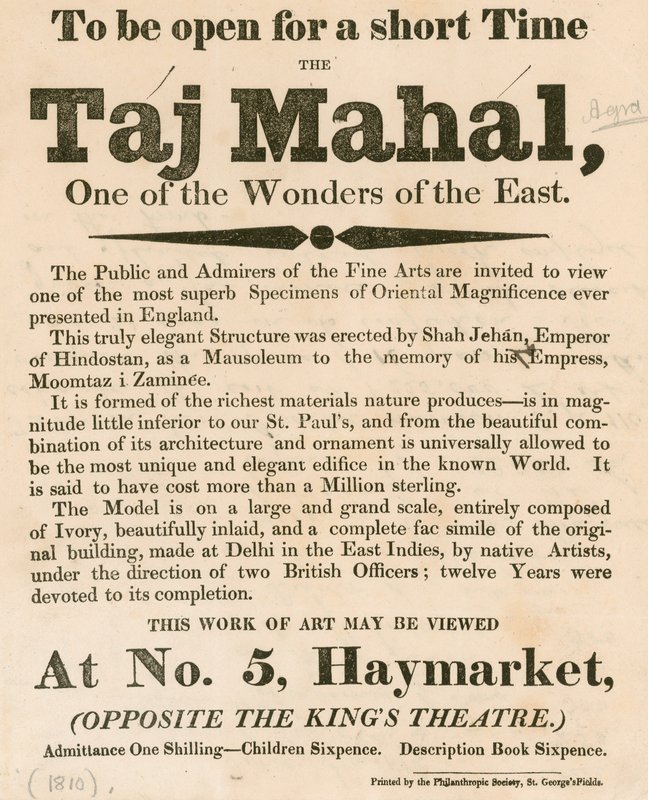 Mainos Taj Mahal -mallin näyttelystä osoitteessa 5 Haymarket, Lontoo tekijältä English School