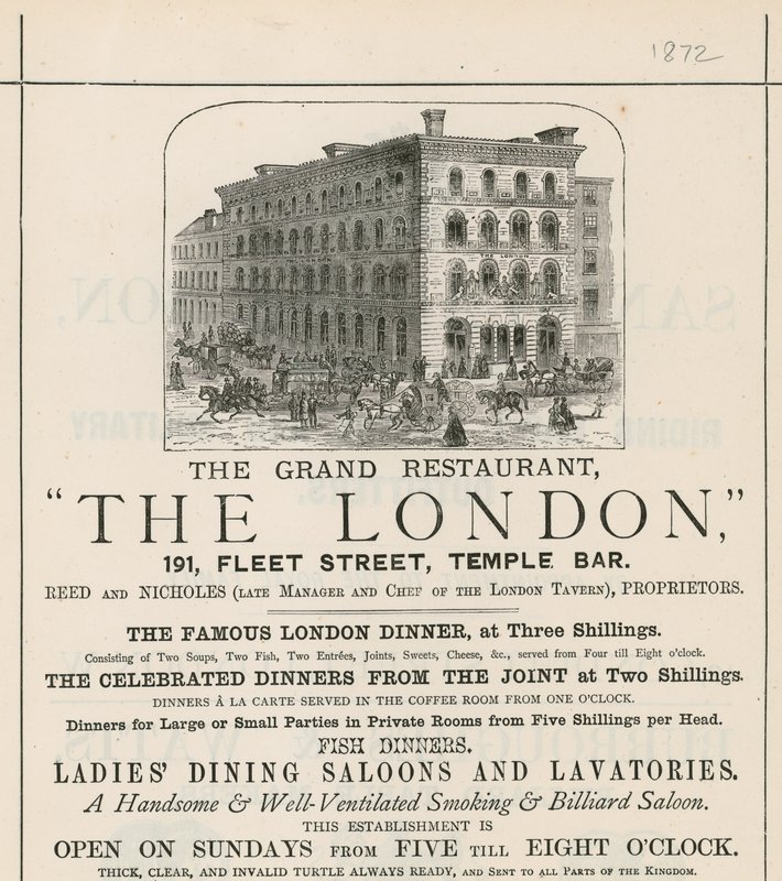 Mainos suuresta ravintolasta The London, 191 Fleet Street, Temple Bar tekijältä English School