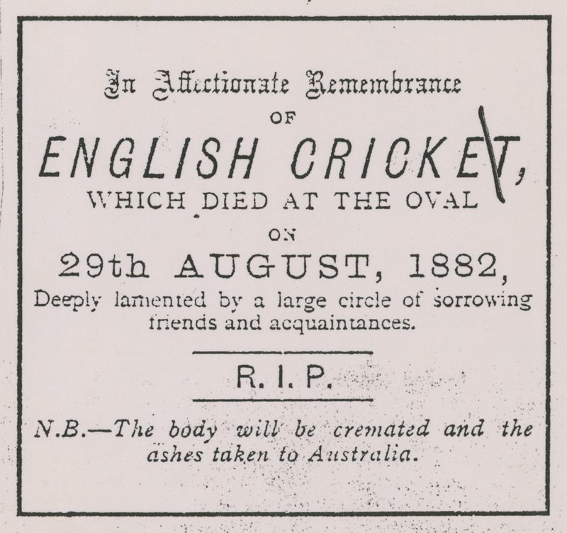 Elokuussa 1882 julkaistu Sporting Timesin mainos, joka esitteli The Ashes -konseptin tekijältä English School
