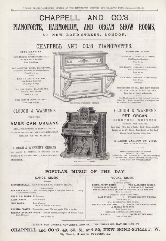 Mainos Chappell and Co:n Pianoforte-, Harmonium- ja Organ Show Roomsista (kaiverrus) tekijältä English School