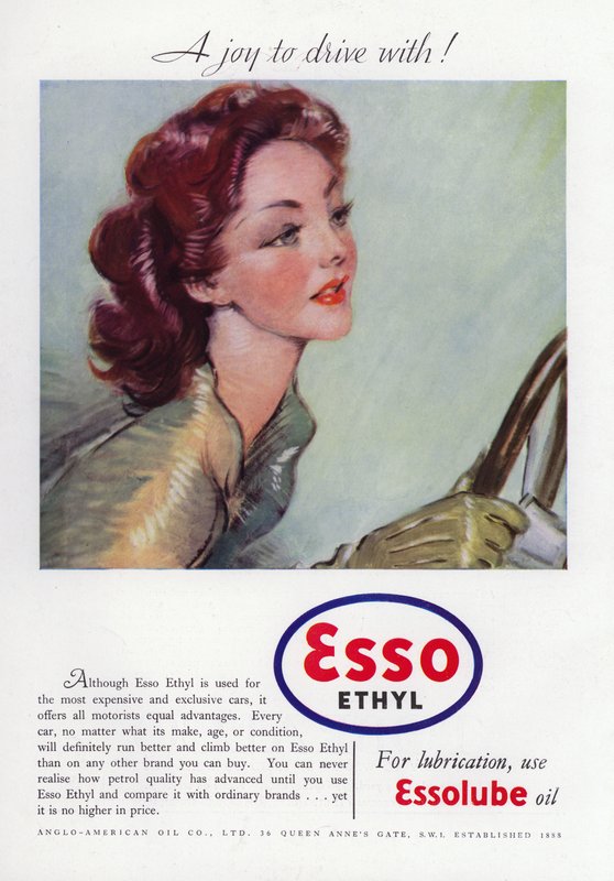 Esso Ethyl Oil -mainos, jossa näkyy lumoava nainen ajamassa, 1937 tekijältä English School