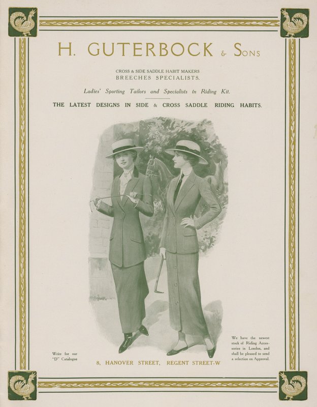Mainos H Guterbock & Sonsille, naisten urheiluräätälöille ja ratsastussarjan asiantuntijoille (värilitho) tekijältä English School