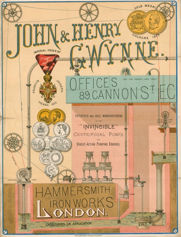 Mainos John and Henry Gwynne, 89 Cannon Street, Lontoo, Invincible-keskpakopumpun valmistaja tekijältä English School
