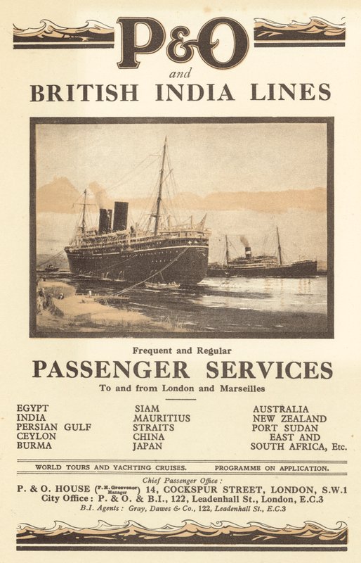 Mainos P ja O sekä British India Lines (väri litho) tekijältä English School