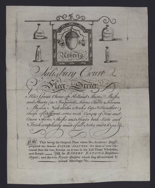 Mainos Robertsille, kangaskauppiaille, Salisbury Court, Fleet Street, Lontoo, jossa tohtori Anthony Daffy valmisteli Elixir Salutis -kaiverruksensa tekijältä English School