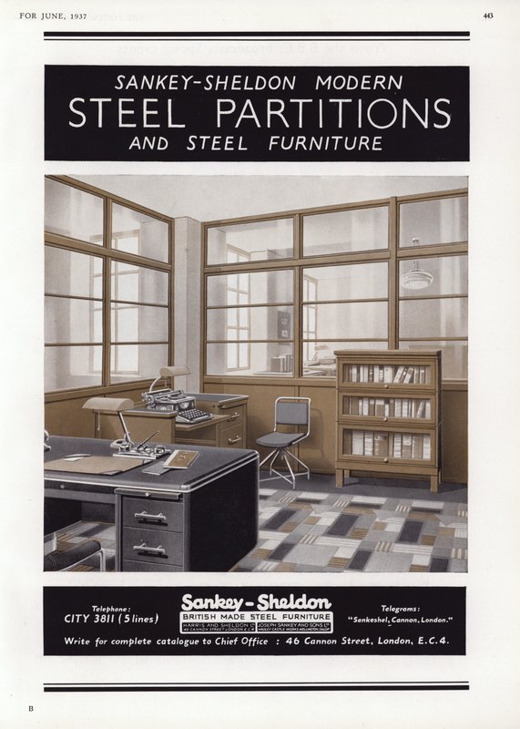 Sankey-Sheldonin teräsosien mainos, 1937 tekijältä English School