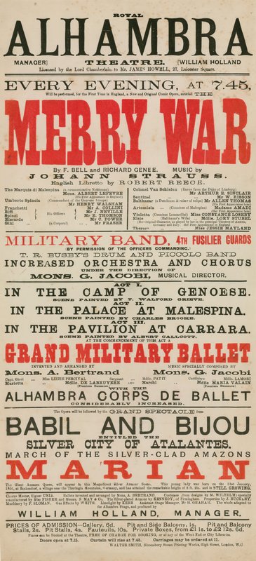 Mainos Royal Alhambra Theatrelle, mukana F Bellin ja Richard Geneen Merry War Johann Straussin musiikin kanssa tekijältä English School
