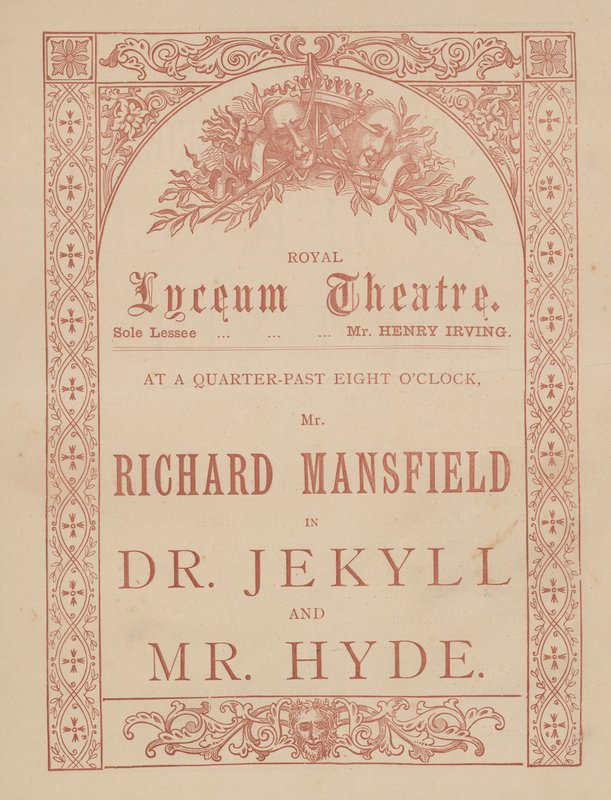 Mainoskortti Lyceum Theatrelle, tohtori Jekyll ja Mr Hyde pääosissa Richard Mansfield tekijältä English School