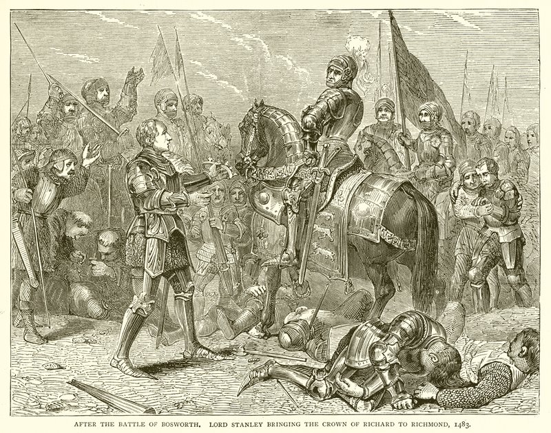 Bosworthin taistelun jälkeen. Lordi Stanley tuo Richardin kruunun Richmondiin, 1483 tekijältä English School