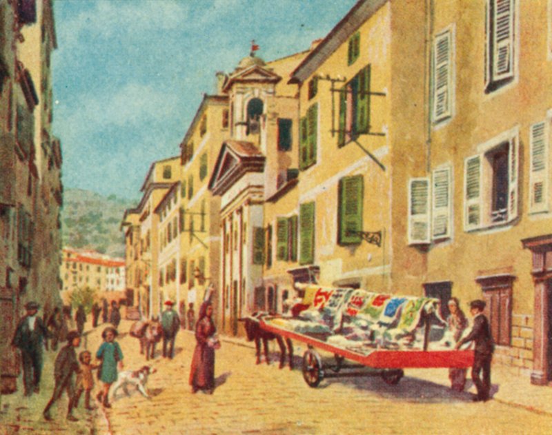 Ajaccio, korsikalainen läpikulkukatu (värilitografia) tekijältä English School