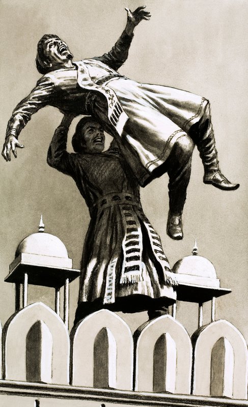 Hindustanin kuningas Akbar heitti murhaajan Adham Khanin palatsin huipulta (guassi paperilla) tekijältä English School