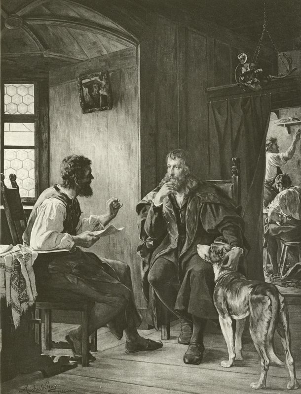 Albert Durer vierailee Hans Sachsin luona (kaiverrus) tekijältä English School