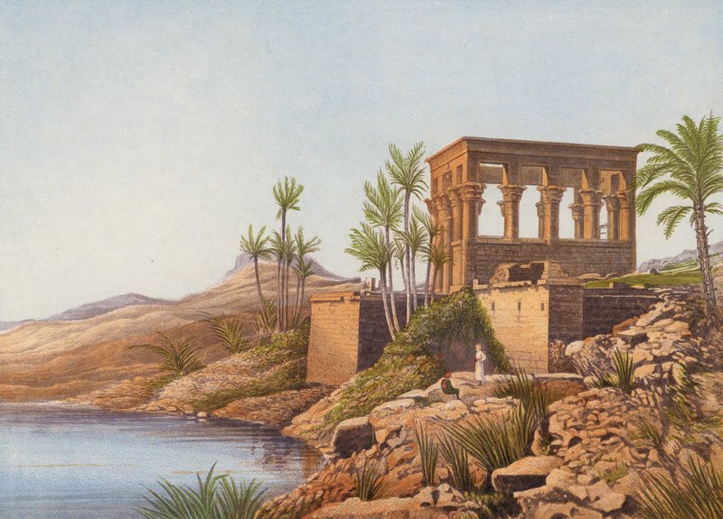 Egyptiläinen temppeli Niilin varrella, Philae (värilitografia). tekijältä English School