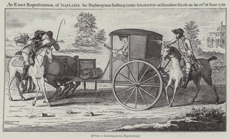Tarkka esitys Maclainesta valtatiemiehestä, joka ryösti Lord Eglingtonin Hounslow Heathissa 26. kesäkuuta 1750 (kaiverrus) tekijältä English School
