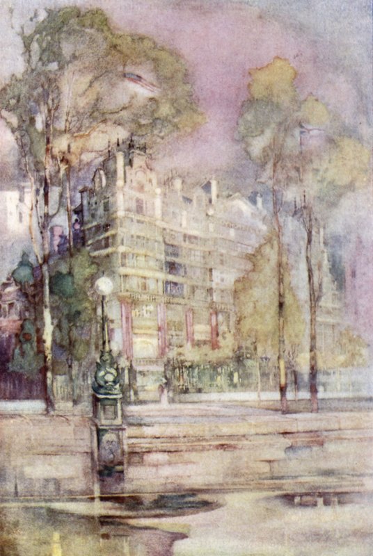 Impressionistinen näkymä Savoy-hotellin joen rannalle (värilitho) tekijältä English School