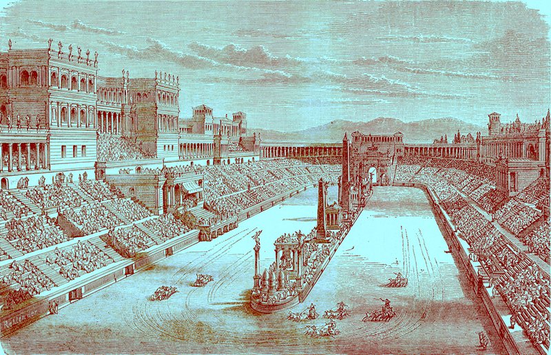 Ancient Arena Restored - Showing a Chariot Race, kuvitus teoksesta The Illustrated History of the World, julkaistu noin 1880 (digitaalisesti paranneltu kuva) tekijältä English School