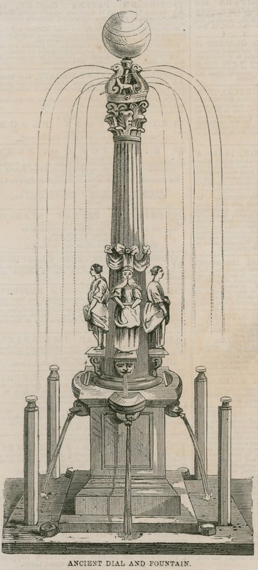 Muinainen kellotaulu ja suihkulähde, pystytetty vuonna 1656 Leadenhall Corneriin, Lontooseen tekijältä English School
