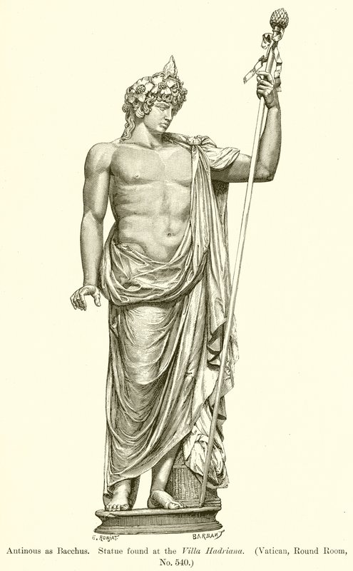 Antinous kuin Bacchus. Patsas löytyi Villa Hadrianasta. (Vatikaani, pyöreä huone, nro 540) tekijältä English School