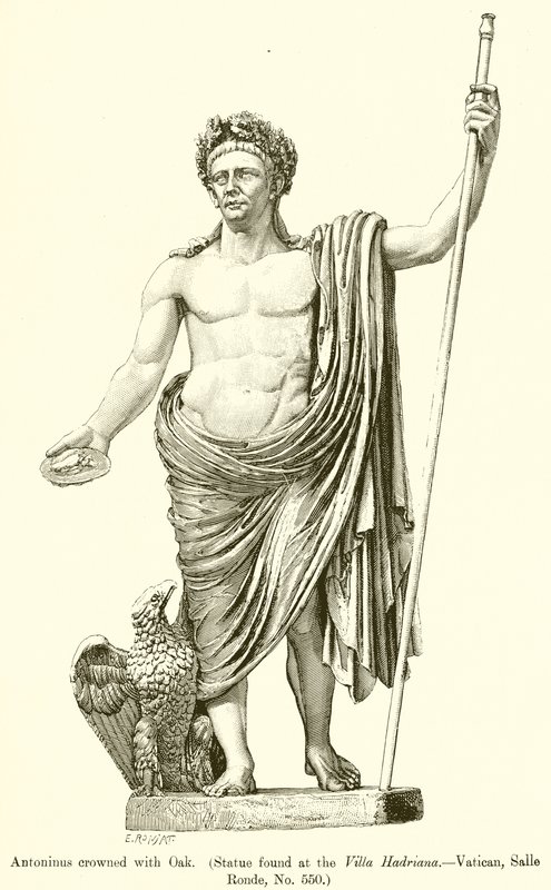 Antoninus kruunattiin tammella. (Villa Hadrianasta löydetty patsas. - Vatikaani, Salle Ronde, nro 550) tekijältä English School