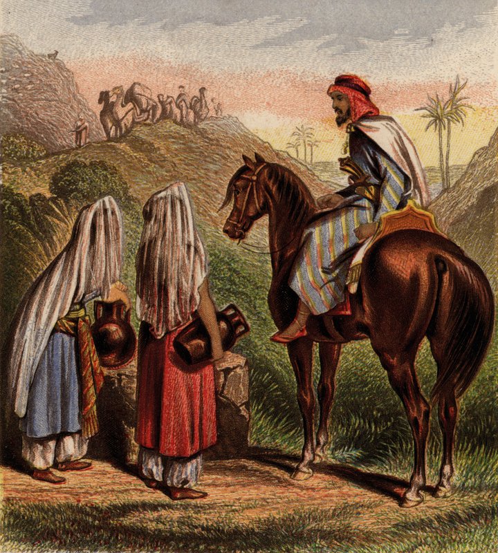 Arabialaiset hevosen selässä ja keräävät vettä (chromolitho) tekijältä English School