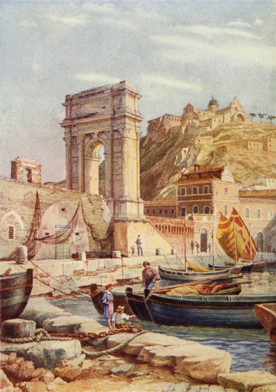 Trajanuksen kaari ja Anconan satama, Italia (väri litho) tekijältä English School