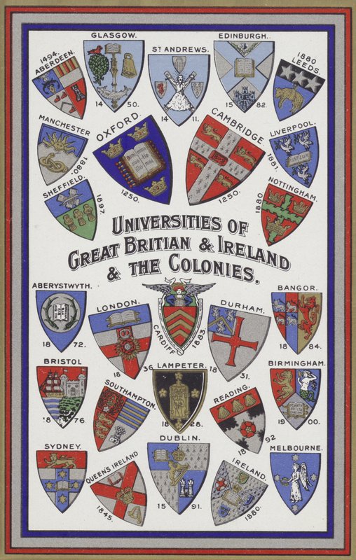 Ison-Britannian, Irlannin ja siirtomaiden yliopistojen aseet (väri litho) tekijältä English School