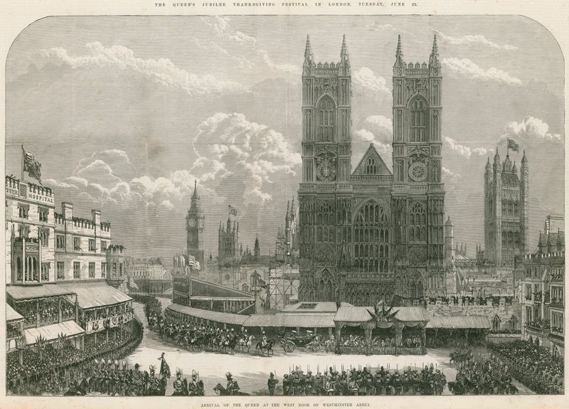 Kuningatar Victorian saapuminen Westminster Abbeyn länsiovelle tekijältä English School