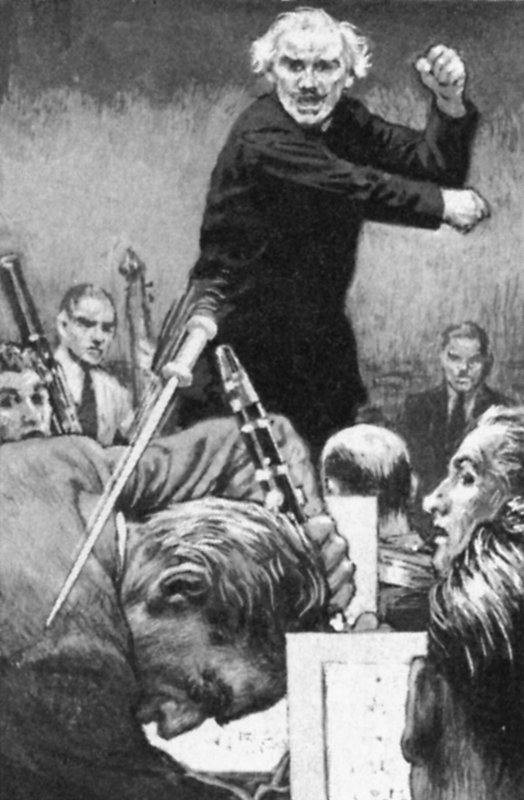 Arturo Toscanini heittää sauvansa loukkaavaa pelaajaa kohti (litho) tekijältä English School