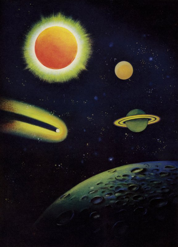 Tähtitieteelliset kohteet: Aurinko, joka näyttää koronansa; planeetat Mars ja Saturnus; Coggian komeetta; Kuun pinta (väri lito) tekijältä English School