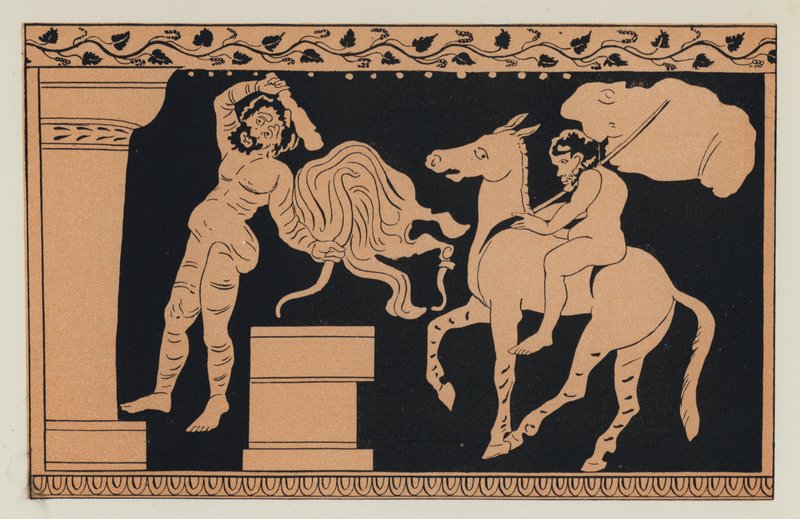 Bacchus ja Xanthias (värilitografia) tekijältä English School