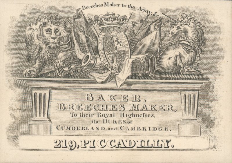 Baker, polvihousujen valmistaja, 219 Piccadilly, kauppakortti tekijältä English School