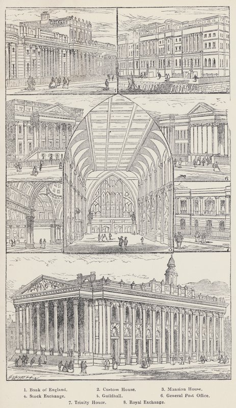 Bank of England, Custom House, Mansion House, Stock Exchange, Guildhall, General Post Office, Trinity House, Royal Exchange (kaiverrus) tekijältä English School