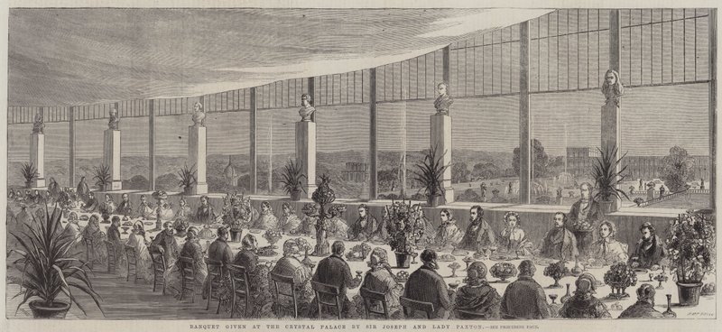 Sir Joseph ja Lady Paxton pitävät juhlat Crystal Palacessa (kaiverrus) tekijältä English School