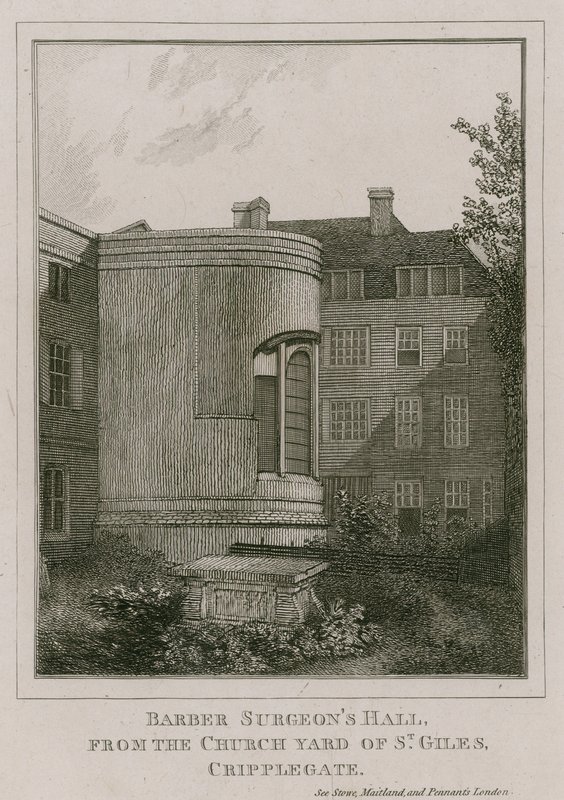 Barber Surgeons Hall, Monkwell Street, Lontoo, nähtynä St Gilesin kirkon pihalta, Cripplegate tekijältä English School