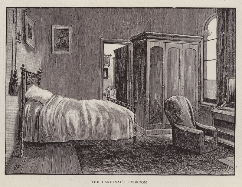 Henry Edward Manningin, englantilaisen katolisen kardinaalin ja Westminsterin arkkipiispan makuuhuone (litho) tekijältä English School