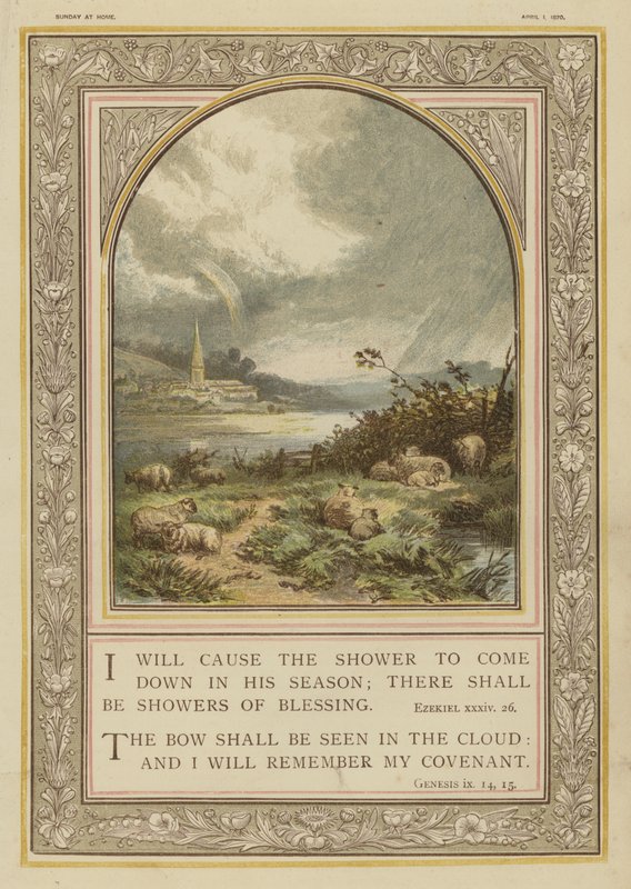 Raamattu, sateet ja sateenkaaret, Hesekiel, Genesis (chromolitho) tekijältä English School