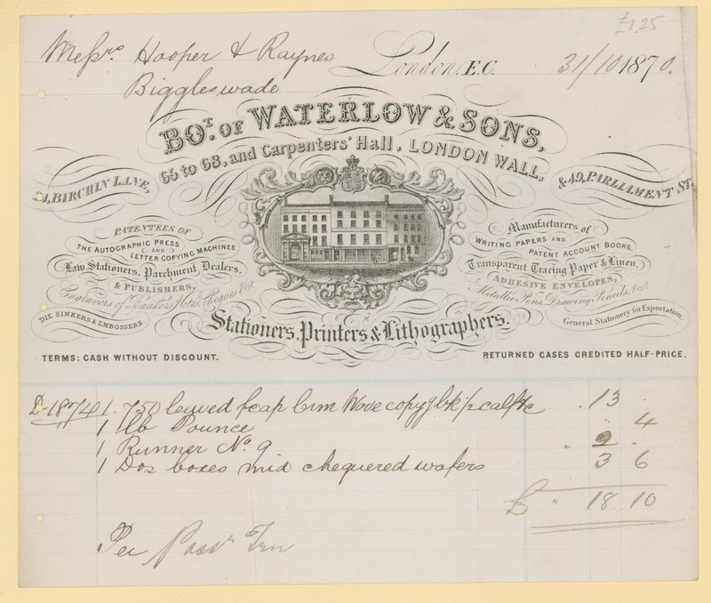 Bill Waterlow and Sonsista, 66-68 Carpenters Hall, London Wall, paperitarvikkeet tekijältä English School