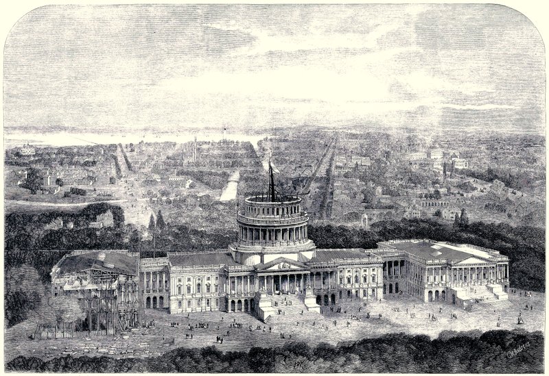 Lintuperspektiivinäkymä Washingtonin kaupunkiin 1861, rakenteilla oleva Capitol etualalla [Digitaalisesti puhdistettu versio] tekijältä English School