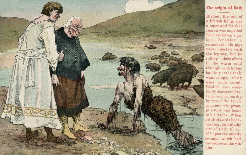 Bladud, legendaarinen brittien kuningas, jonka sanottiin perustaneen Bathin kaupungin (väri litho) tekijältä English School