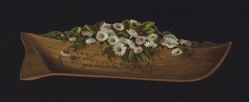 Vene täynnä päivänkakkaroita, uudenvuoden onnittelukortti, 1800-luvun loppu tai 1900-luvun alku (kromoliittinen) tekijältä English School