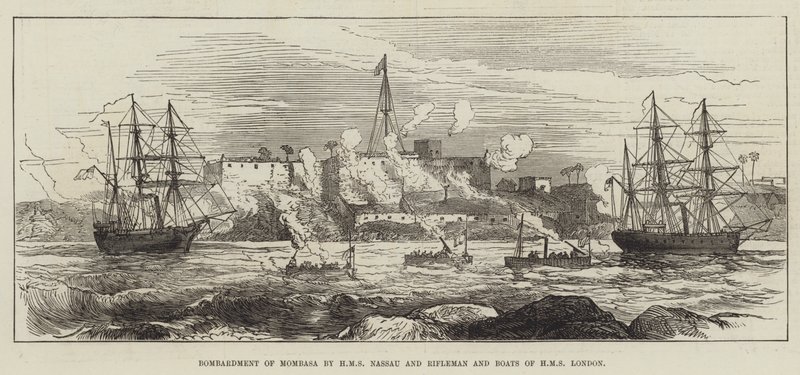 Mombasan pommittaminen HMS Nassaun ja HMS Londonin Riflemanin ja Boatsin toimesta (kaiverrus) tekijältä English School